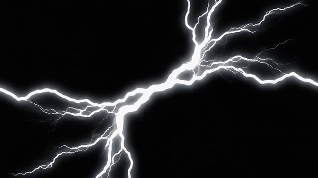 Bright white electrical lightning bolts arc across a solid deep black background.