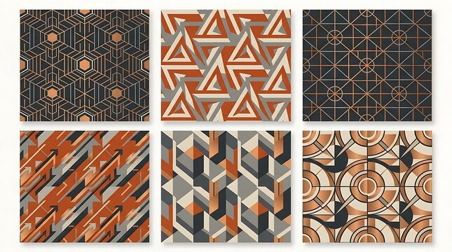 Collection of modern geometric vector patterns featuring abstract triangles, circles, and hexagonal shapes in sophisticated terracotta and charcoal tones