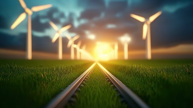 Train Environmental Sustainability Wind turbines generating clean energy for a hyperloop station, emphasizing the eco friendly power source