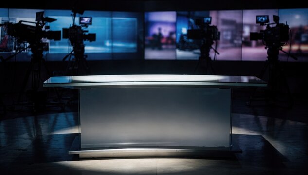 Intense dramatic lighting focuses on the anchor desk casting bold contrasts while outoffocus cameras and ambient screens blur to create a suspenseful studio setting.