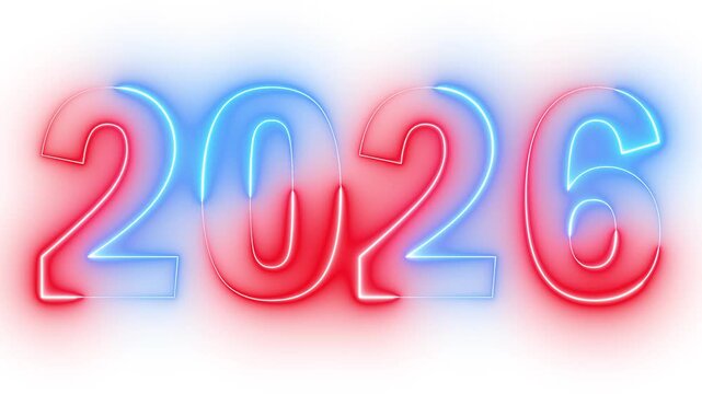 glowing neon red and blue color new year 2026 number text icon animation season digit celebrate banner event wishes party anniversary on white background