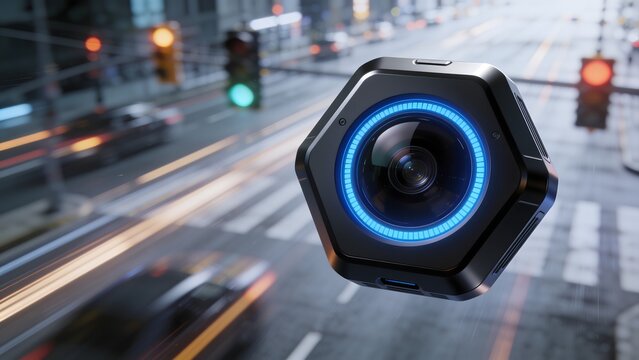 Modern 3D illustration of a futuristic hexagonal surveillance camera device with blue glowing lens floating above city road. Ideal for smart city traffic safety and monitoring tech topics.