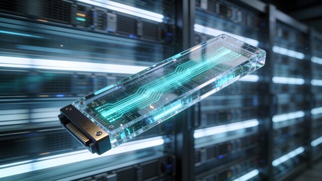 Modern 3D rendering of a transparent optical storage drive with illuminated cyan data lines floating in server room. Excellent for cloud computing data center and fast storage technology themes.