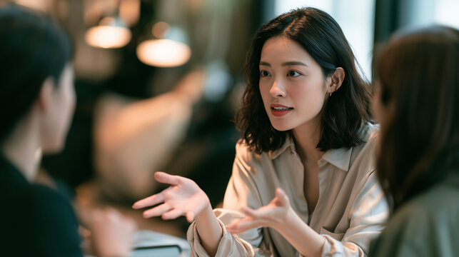 An Asian HR manager explaining a flexible work arrangement policy to an employee, waist-up shot, cozy office corner blurred, soft natural light, candid photography