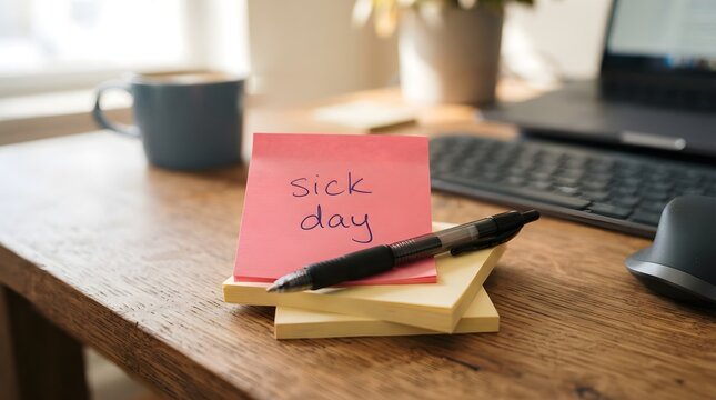 Sticky Note Reminder For A Sick Day Off Work With Pen And Laptop In The Background