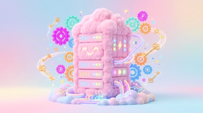 3D isometric fluffy pink cloud server and cloud computing illustration