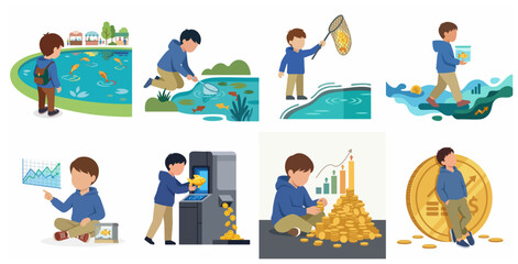Conceptual Illustration Set of a Boy Turning a Goldfish into Financial Success Wealth and Investment Growth