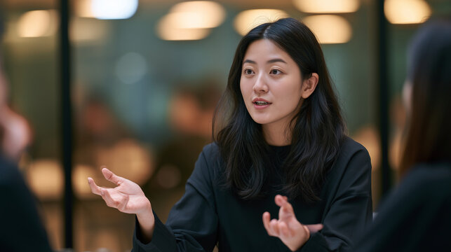 An Asian HR advisor conducting a data privacy briefing with an employee, waist-up shot, glass office wall blurred, warm tones, realistic photo