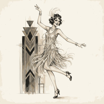 Elegant flapper dancer in Art Deco style vintage illustration for roaring twenties theme