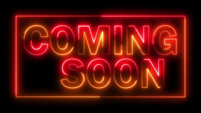 glowing neon red and yellow color COMING SOON text icon animation  poster template signboard alphabet font letter word banner sign symbol seamless light cyber effect footage on black background