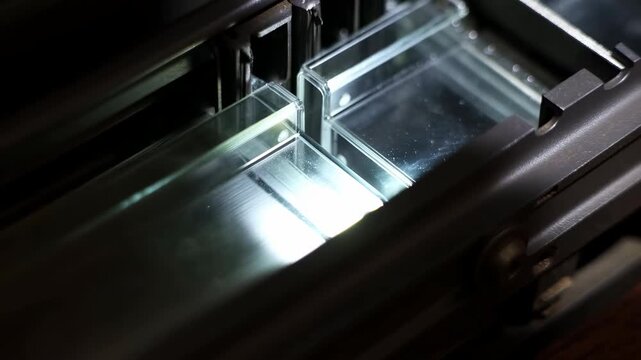 Parallel glass plates inside dark metal feeder with shifting reflections, narrow central gap, and subtle moving highlights across smooth transparent surfaces, with glass, plate, reflection