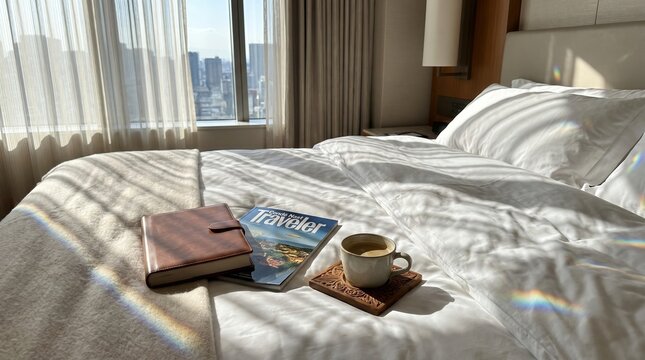 Coffee cup and leather journal with magazine placed on white bed sheets in sunlight