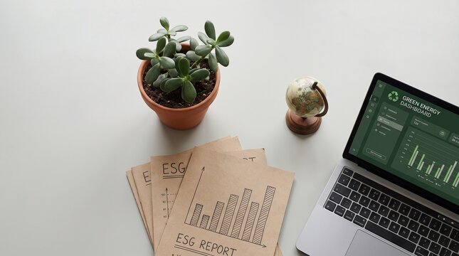 Sustainable ESG Workspace with Plant, Laptop and Eco-Friendly Office Supplies