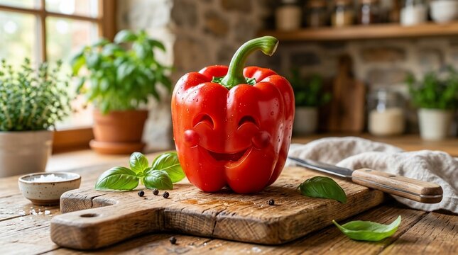 Fresh red bell pepper with happy carved face on wooden board