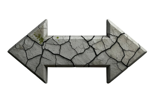 Large fractured stone bidirectional arrow isolated on transparent background