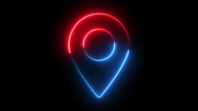 Glowing neon red and blue color location map sign icon animation position tracking direction address tags journey place navigation icon sign symbol on black background	
