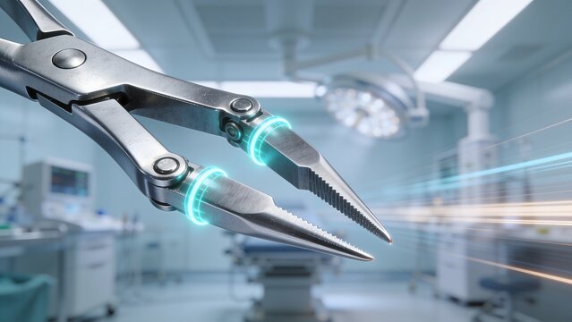 High tech surgical medical forceps with cyan energy rings inside operating room. Ideal for smart surgery promotional material medical equipment displays and hospital banners.
