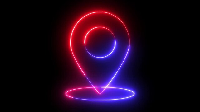 Glowing neon red and blue color location map sign icon animation position tracking direction address tags journey place navigation icon sign symbol on black background	