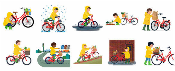 Fototapeta premium Flat Vector Illustration Set of Kids in Yellow Raincoats Riding Bicycles with Grocery Baskets in Various Daily Scenes