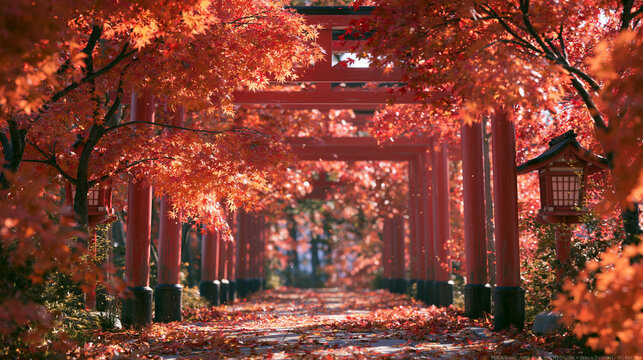 日本の秋の紅葉と赤い鳥居の風景