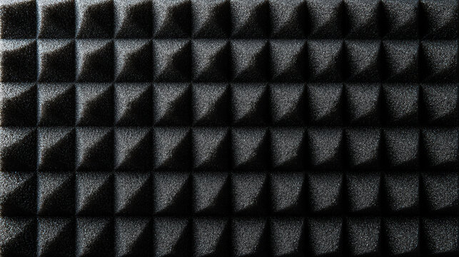 Close-up texture of black acoustic foam with a repeating pyramid pattern for sound insulation