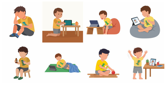 Sick little boy character set using digital tablet for telehealth medical consultation and entertainment