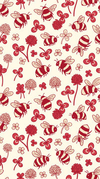 Red honey bees and clover flowers seamless vector pattern on cream background for textile and design