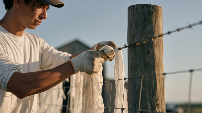 Sheep herder's gloved hands in close focus working to untangle a costume fabric caught in a fence post, a modest barn visible behind, the same material suggesting an impromptu