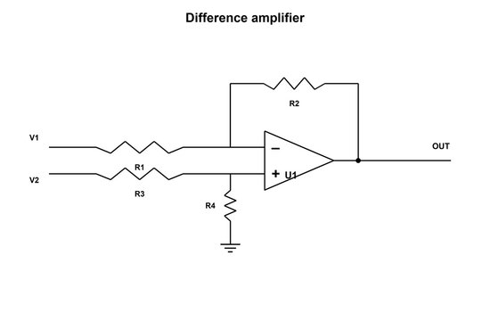 Difference Amplifier, electronic circuit schematic diagram, black line art transparent