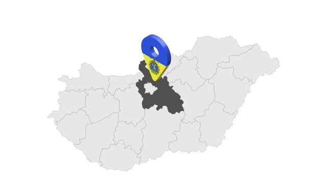 Location Pest County on map Hungary. 3d Pest  emblem map marker location pin. Map of Hungary showing different parts. 4K.  Animated Video