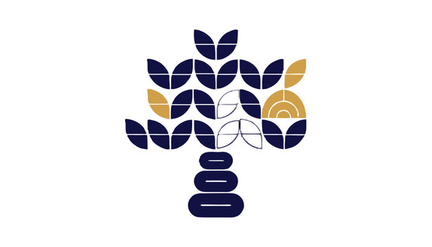 Stylized premium geometric tree logo vector design featuring navy blue and gold leaf patterns representing infinite growth and modern brand identity concept