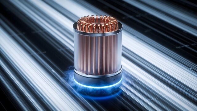 3D render illustration of an electromagnetic copper coil component with blue energy glow. Great for electrical engineering websites, hardware tech banners, and scientific concept art.