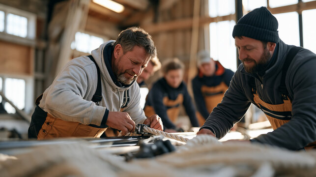 Nautical riggers inside a warmly lit boathouse adjusting block and tackle systems on a tall mast laid horizontal, group of seasoned sailors working together on line rigging in