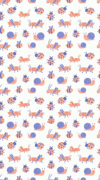 Seamless vector pattern with cute hand-drawn cartoon insects like snails, ladybugs, bees, and grasshoppers on a white background