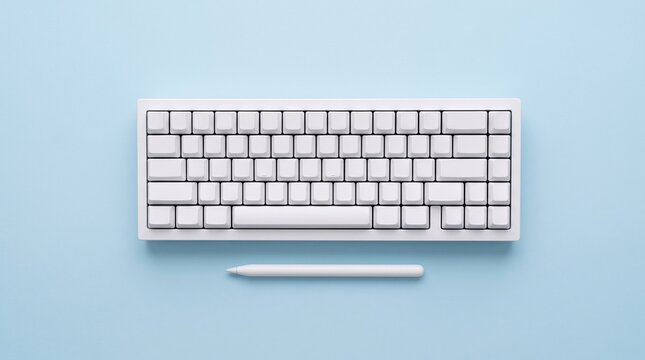Minimalist white mechanical keyboard and stylus pen on a pastel blue background