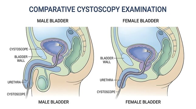 Comparative cystoscopy examination anatomy medical diagram with cystoscopy