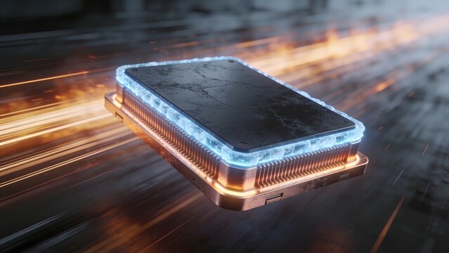 High resolution 3D render of a futuristic cooling microchip unit. Suitable for technology website headers, hardware innovation blogs, and computing power presentations.