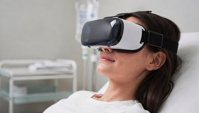 Reclined patient in infusion suite wearing virtual reality headset focus on headset and face medical cart softly blurred in background.