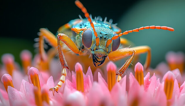 Ultra Realistic Macro Grasshopper on Flower with Detailed Texture, Natural Habitat and Botanical Background