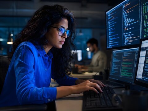 Focused Female Software Developer Programming Code on Multiple Desktop Monitors in Dark Corporate Office Environment