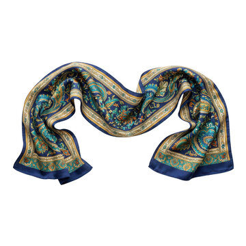 Elegant Blue Silk Scarf with Gold Paisley Pattern Draped on White Background