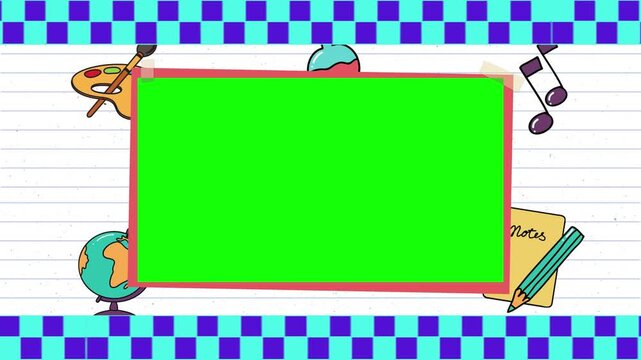 School supplies border framing a vibrant green screen area designed for educational video presentations featuring a globe, a palette, musical notes, and a pencil to provide ample space for text.