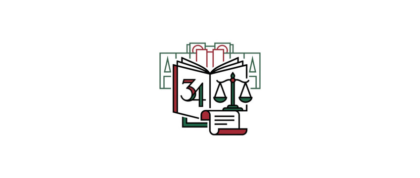 Law and Justice Concept Illustration Featuring Open Book with Number 34 and Scale of Justice Symbol