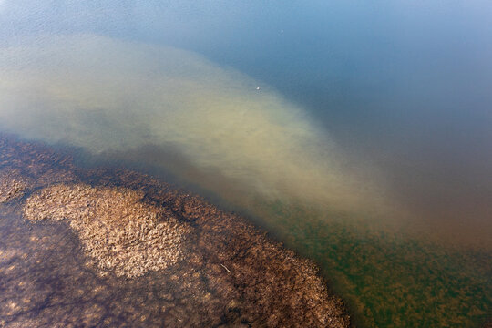 Aerial view of a shallow, sediment-rich water body meeting deeper waters with a textured, marshy shoreline in Plocica, Vojvodina, Serbia.