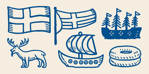 Collection of hand drawn blue line art depicting swedish flags reindeer viking ship and pine trees flag scandinavian nordic cross elk stag longship © Apurba