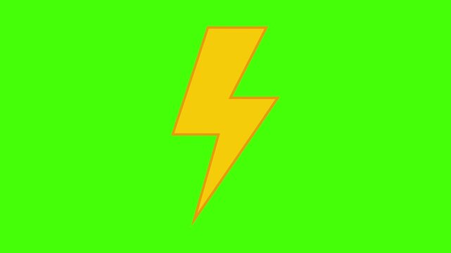 Yellow lightning bolt animation isolated on a green background, simple vector illustration of a flash symbol for energy or weather concepts
