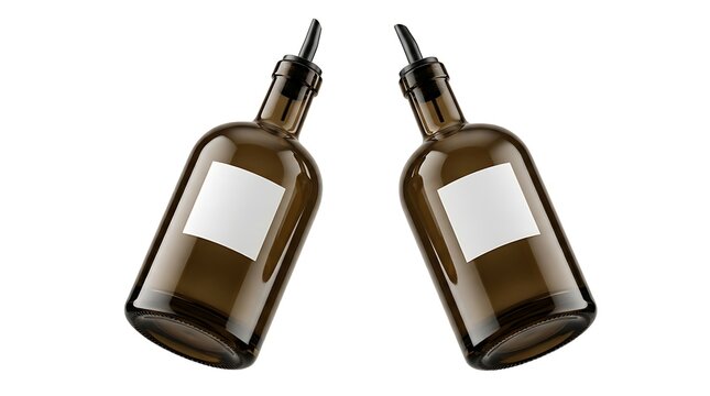 Two green glass bottles for olive oil with pourers and empty labels for branding isolated on white background