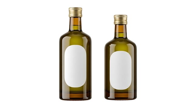 Two glass bottles with olive oil and blank labels in different sizes isolated on white background