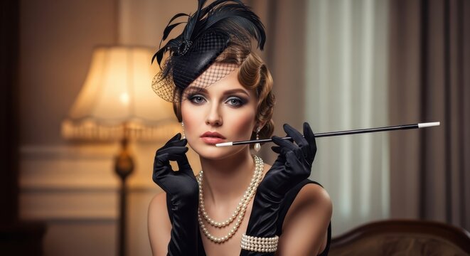 Elegant Woman in 1920s Vintage Flapper Style with Cigarette Holder and Pearls in a Classic Interior