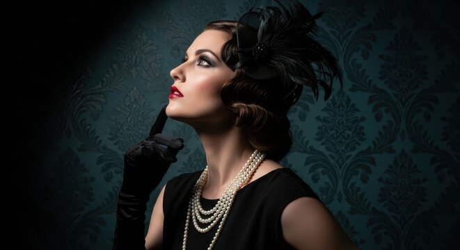 Elegant Woman in 1920s Vintage Flapper Style with Pearl Necklace and Feather Headpiece against Damask Background